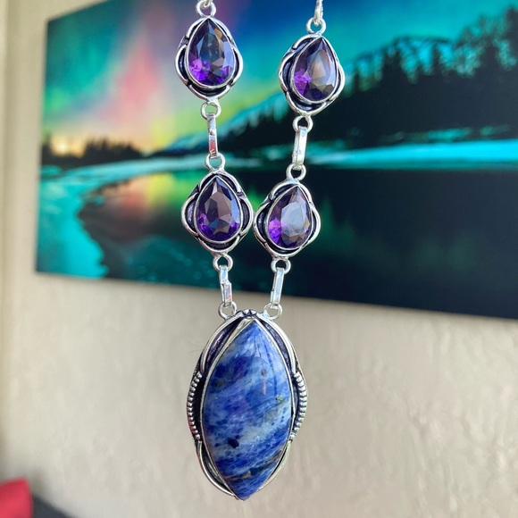 925 sterling silver overlay purple amethyst & blue sodalite stone boho necklace - Picture 3 of 15